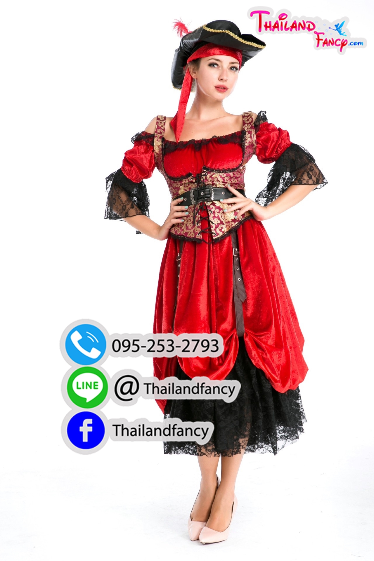 ชุดเช่าแฟนซีผู้หญิง ชุดเช่าสาวโจรสลัด ชุดเช่ากัปตันแจ๊คสแปร์โรว์ Pirate of the Caribbean Cosplay ชุดเดรสโจรสลัดสาวดำแดงแบบเอี๊ยมใต้อก