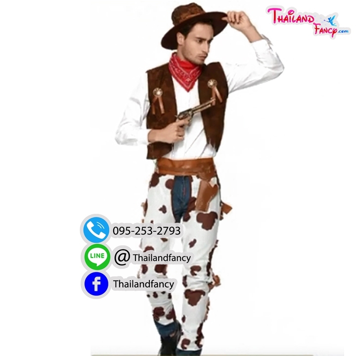 ชุดแฟนซีชาย Cowboy Cosplay ชุดคนเลี้ยงวัว ชุดโคบาล ชุดคาวบอยผู้ชาย ชุดสไตล์คาวบอยสีขาวน้ำตาลลายวัวพร้อมเสื้อกั๊ก