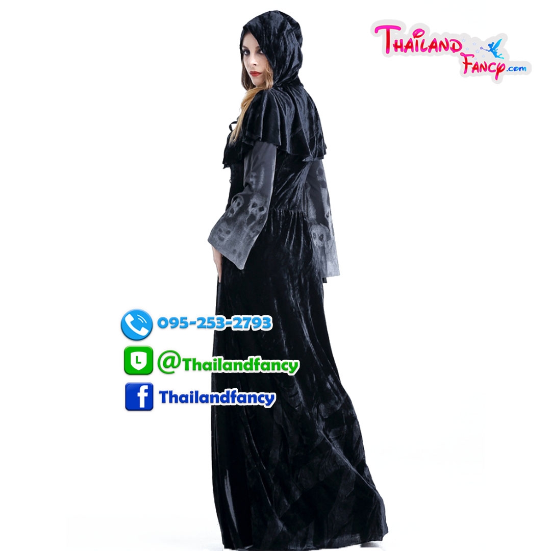 ชุดเช่าแฟนซีผู้หญิงพลัสไซส์ ชุดเช่าแม่มดสาว ชุดจอมเวทย์ Witch Costume ชุดปีศาจสาวพลัสไซส์ ชุดคอสเพลย์เดรสเดรสยาวพร้อมผ้าคลุมลายกระโหลกไขว้