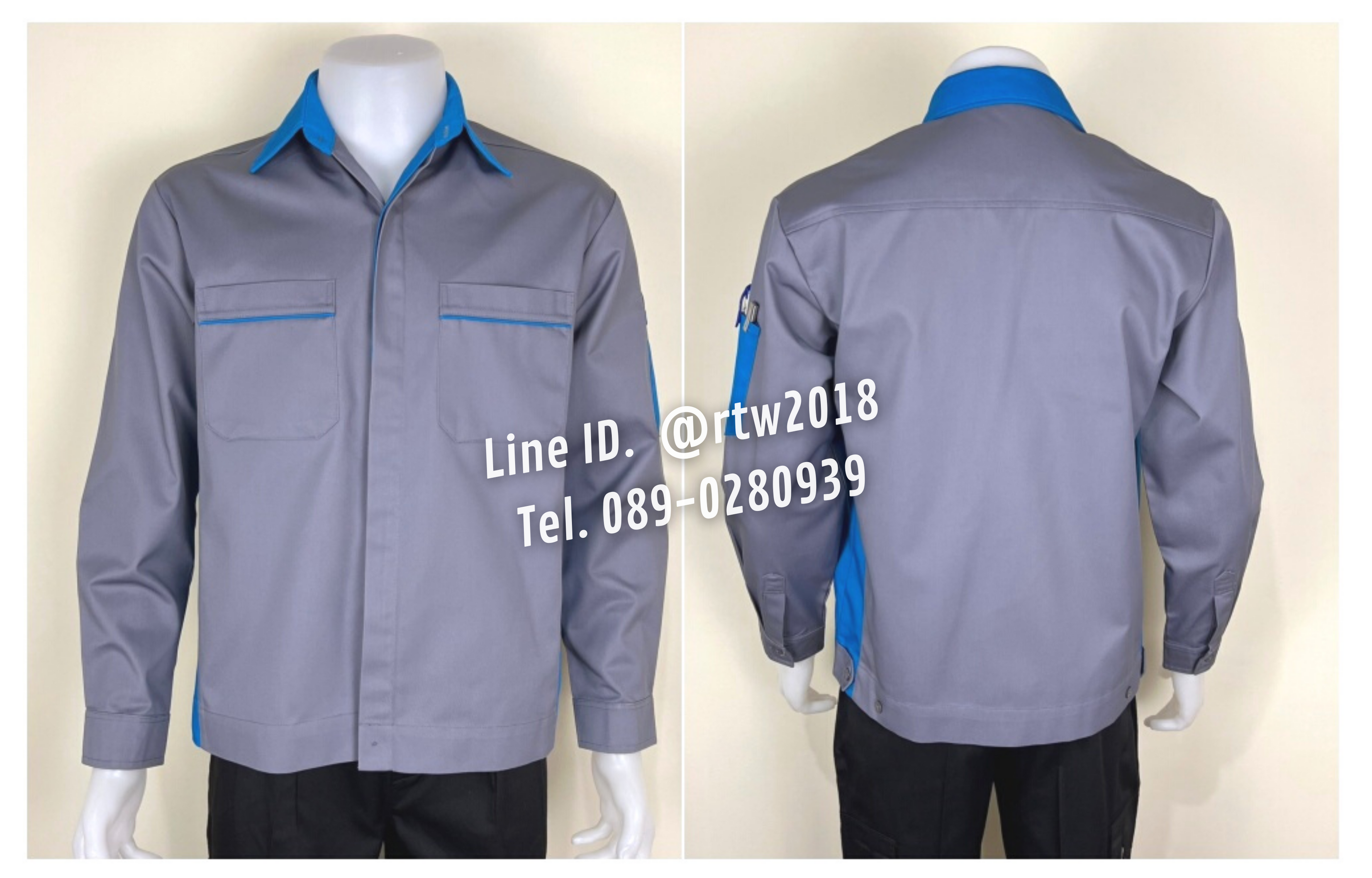 รหัส AB9.3 : เสื้อช่างแขนยาวผ้าคอมทวิวสีเทาข้างฟ้าเข้ม (ซ่อนสาบ)