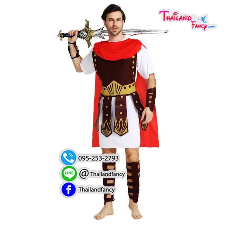ชุดแฟนซีชาย Cosplay Spartan ชุดเทพเจ้ากรีก ชุดนักรบกรีกโบราณ ชุดกรีกโรมันผู้ชาย ชุดเดรสขาวแต่งผ้าน้ำตาลพร้อมข้อแขนและขา