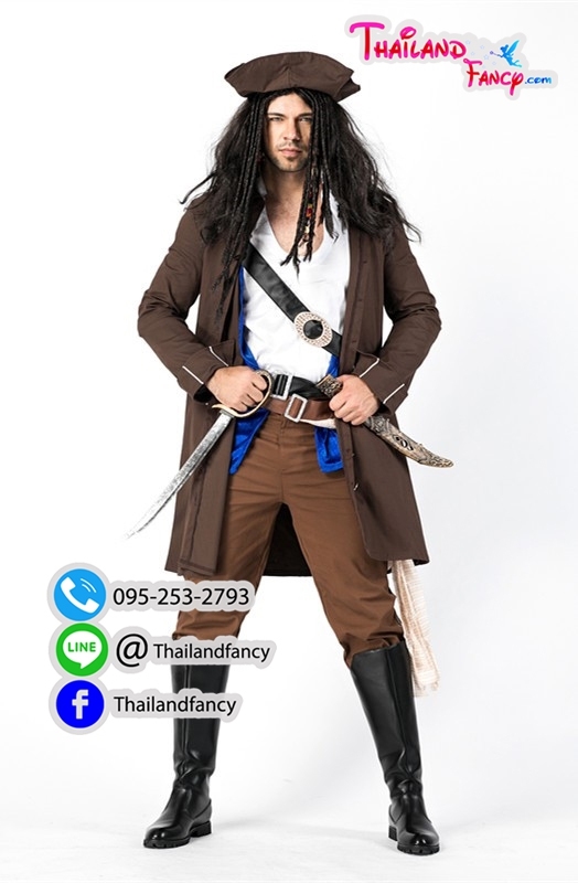 ชุดเช่าแฟนซีผู้ชาย ชุดเช่าโจรสลัดชาย Pirate Jack Sparrow Cosplay ชุดกัปตันแจ็คสแปร์โรว์ เสือโค้ทน้ำตาลเสื้อกั๊กน้ำเงิน