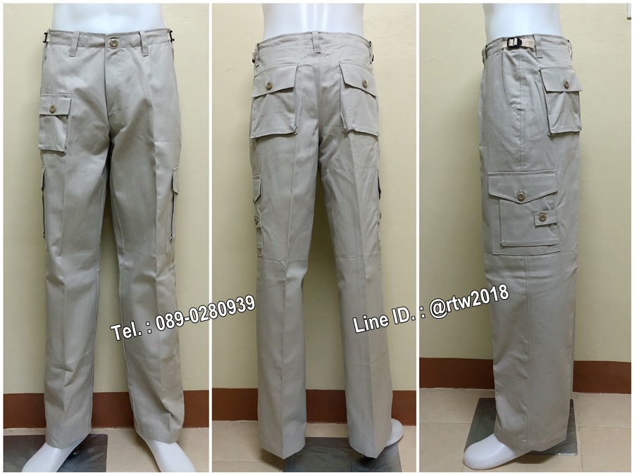 รหัส B2 : กางเกงช่างผ้าเวสปอยท์ทรงทหาร 7 กระเป๋า สีครีม