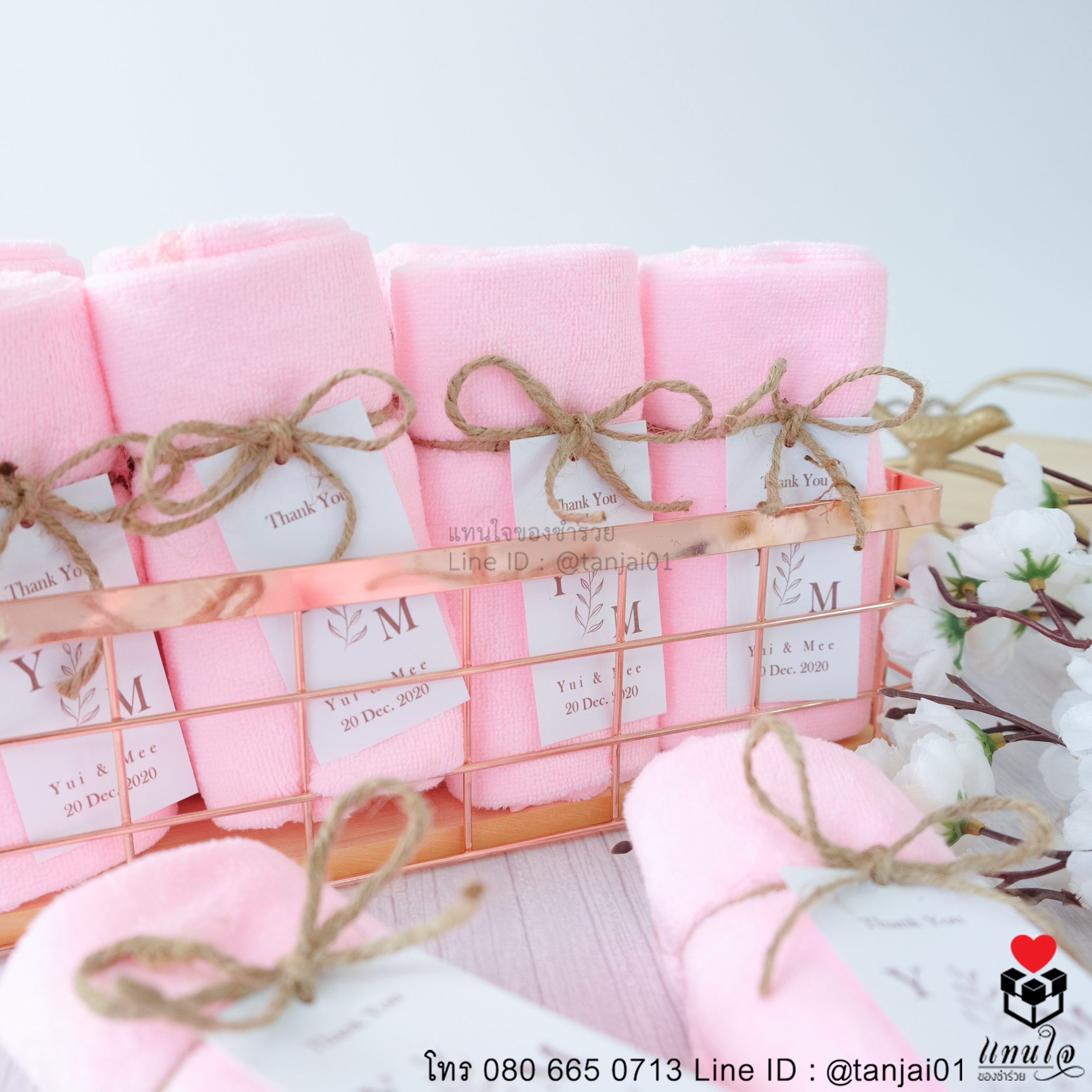 ของชำร่วยงานแต่ง ของแจกงานแต่ง ของที่ระลึกงานแต่ง ผ้านาโนม้วนผูกเชือกป่าน สีฟ้า สีขาว สีเขียว สีชมพู 03