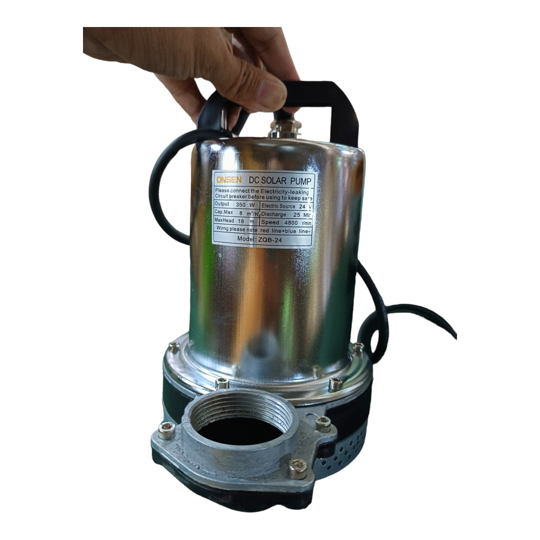 ไดโว่แสตนเลส ยี่ห้อ Onsen มี 2 รุ่น 12V 24V แถมตัวคีบแบต 1 คู่ และท่อเสริม 3 ขนาด 1”, 1.5”, 2” แบบทองเหลือง สายยาว 10 เมตร