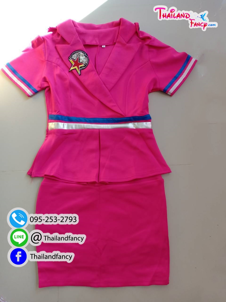 ชุดแฟนซี Fancy ชุดคอสเพลย์ Cosplay ชุดแอร์โฮสเตส ชุดแฟนซีแอร์โฮสเตส ชุดสายการบิน ชุดยูนิฟอร์ม ชุดอาชีพในฝัน ชุดสาว Airhostess แอร์สีชมพูสดแต่งแถบน้ำเงิน