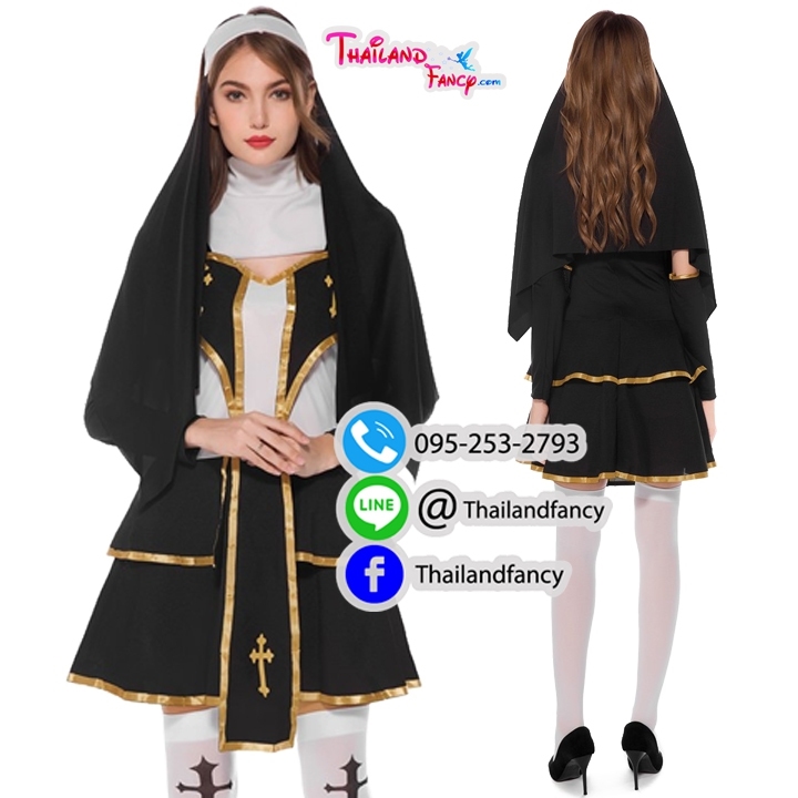 ชุดแฟนซีซิสเตอร์บาทหลวง The Nun Cosplay ชุดแม่ชีผี ชุดแม่ชีคริสต์ฝรั่ง ชุดฮาโลวีน ชุดแม่ชีสีดำแต่งทองสัญลักษณ์ไม้กางเขน