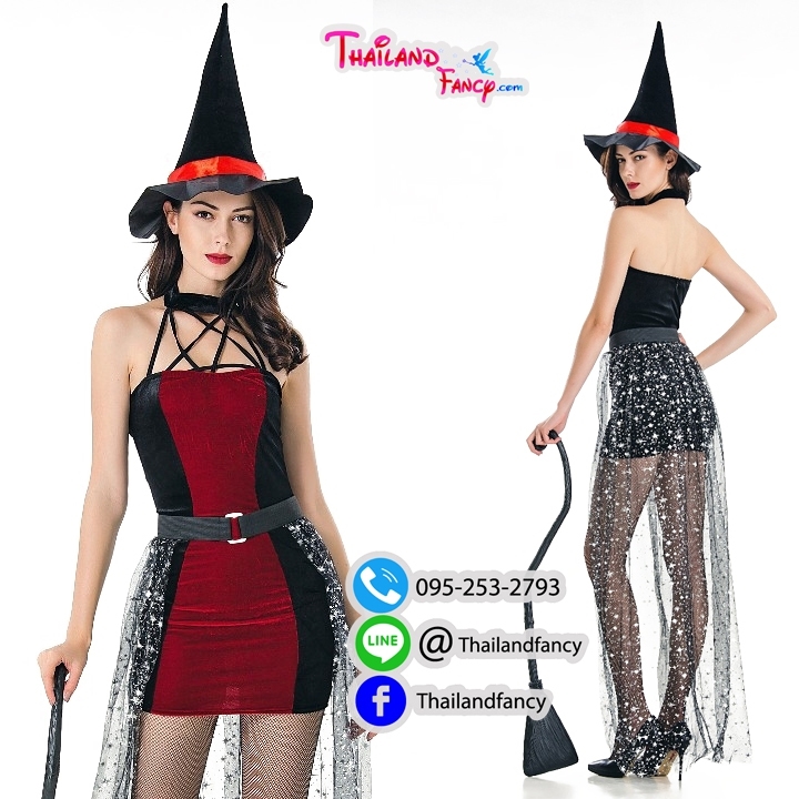 ชุดแฟนซีแม่มด Witch Cosplay ชุดแม่มดฮาโลวีน ชุดแม่มดผีซอมบี้ ชุดสาวจอมเวทย์ ชุดแม่มดดำแดงพร้อมผ้าคาดเอวและหมวก