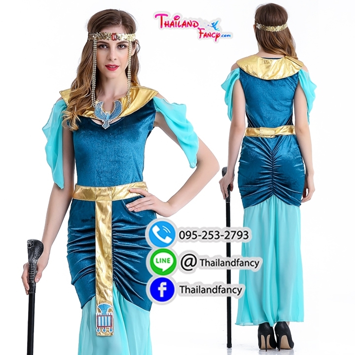 ชุดแฟนซีผู้หญิง Cleopatra Cosplay ชุดเทพเจ้ากรีก ชุดเทพธิดากรีก ชุดอียิปต์ ชุดคลีโอพัตรา ชุดโรมันหญิง เดรสสีฟ้าแต่งทอง