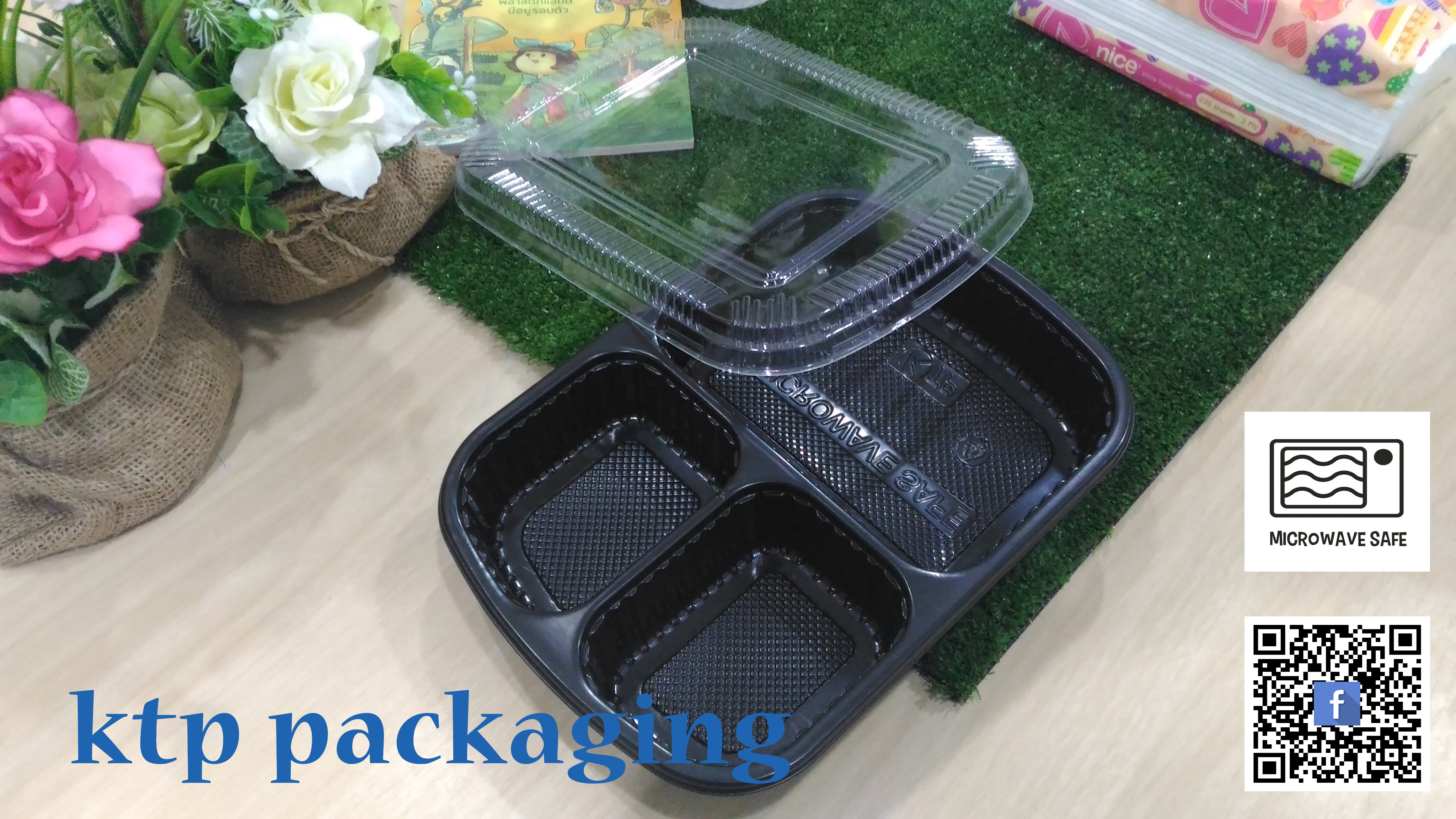 กล่องข้าวพลาสติก พร้อมฝา แบบ 3 ช่อง ขนาด 900 ml. สีดำ (P0027B)