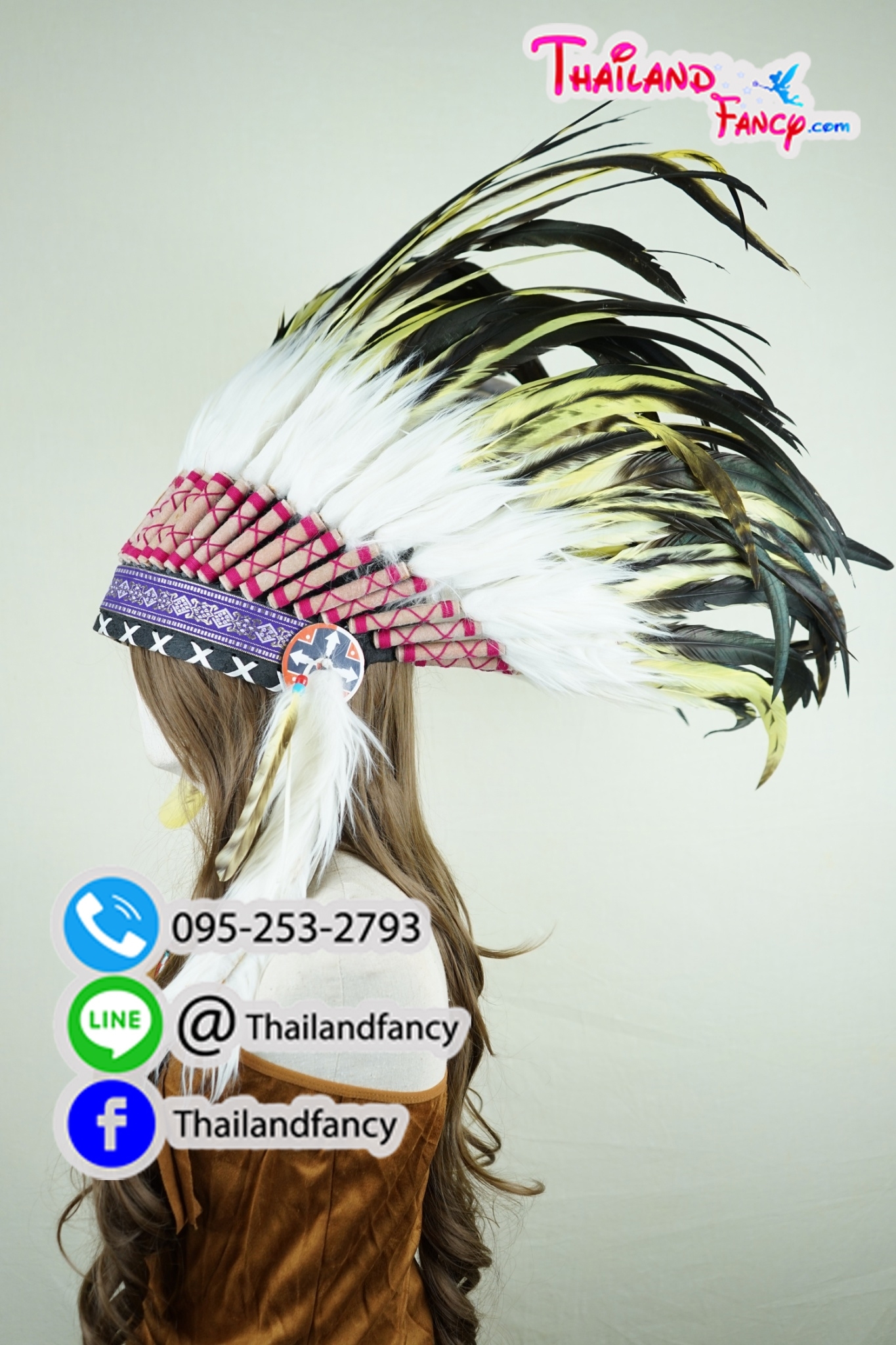 เช่าอุปกรณืแฟนซี หัวขนนกแฟนซี เช่าหัวอินเดียแดงแฟนซี หัวชนเผ่าขนนก หัวขนนกโบฮีเมี่ยน หมวกอินเดียแดงขนนกหัวหน้าเผ่าสีฟ้าน้ำทะเล