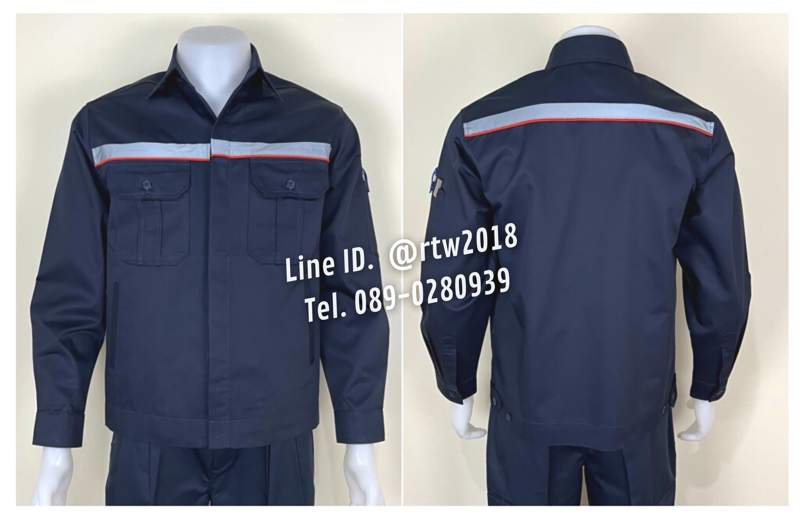 รหัส AB13.1 : เสื้อช่างแขนยาวผ้าคอมทวิวสีกรมท่า 4 กระเป๋า (กุ้นส้ม) (ติดสะท้อนแสง) (ซ่อนสาบ)