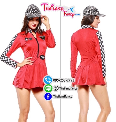 ชุดพริ้ตตี้ Pretty Motor Show Cosplay ชุดสาวไบค์เกอร์ ชุดสาวมอเตอร์โชว์ ชุดเชียร์รถแข่ง ชุดคอสเพลย์รถแข่ง ชุดแฟนซีสาวนักแข่งรถเดรสกระโปรงสีแดง