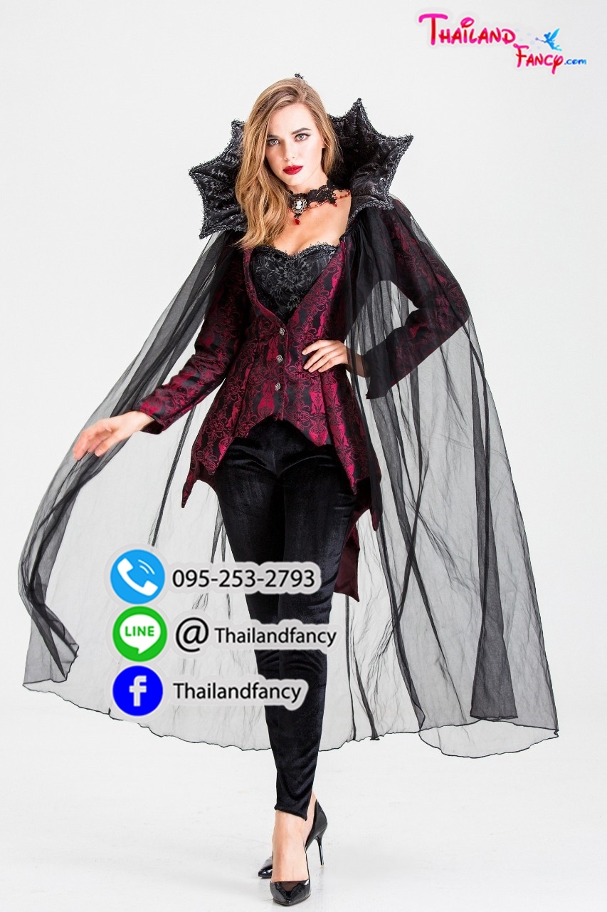 ชุดแฟนซีแวมไพร์ ชุดคอสเพลย์แวมไพร์ Cosplay Halloween ชุดแวมไพร์หญิง ชุดสาวแวมไพร์ ชุดแดร็กคูล่าหญิง ชุดสาวแดร็กคูล่า ชุดราชินีแวมไพร์ดำแดงพร้อมปกคอตั้ง สำเนา