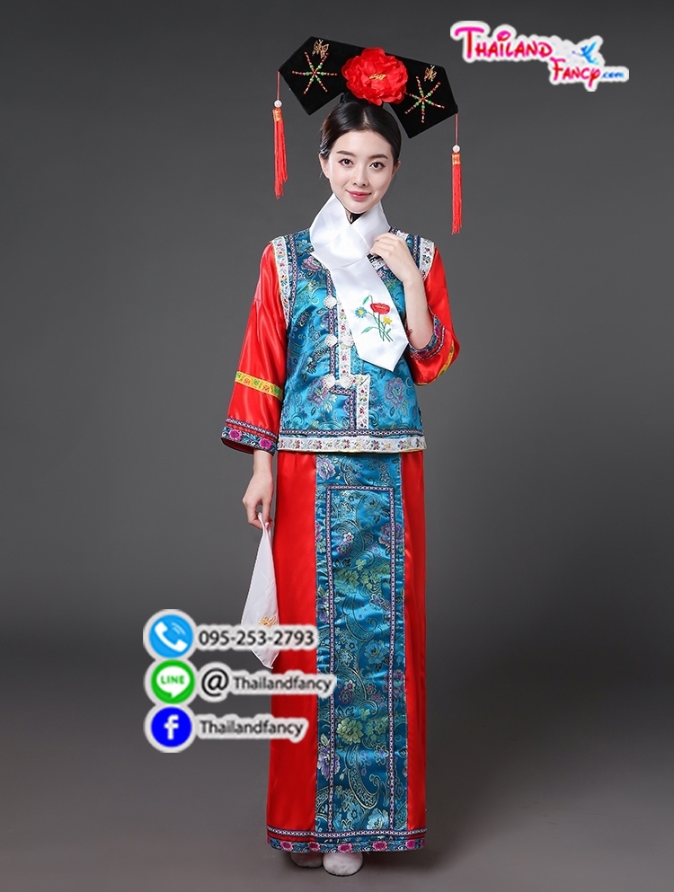 ชุดเช่าแฟนซีผู้หญิง ชุดจีนกำลังภายใน ชุดแฟนซีซูสีไทเฮา ชุดคู่ฮ่องเต้ ชุดราชวงศ์หนังจีน ชุดเช่าฮองเฮาจีนสำหรับผู้หญิง สีแดงสดกั๊กฟ้าครามแต่งลายจีน