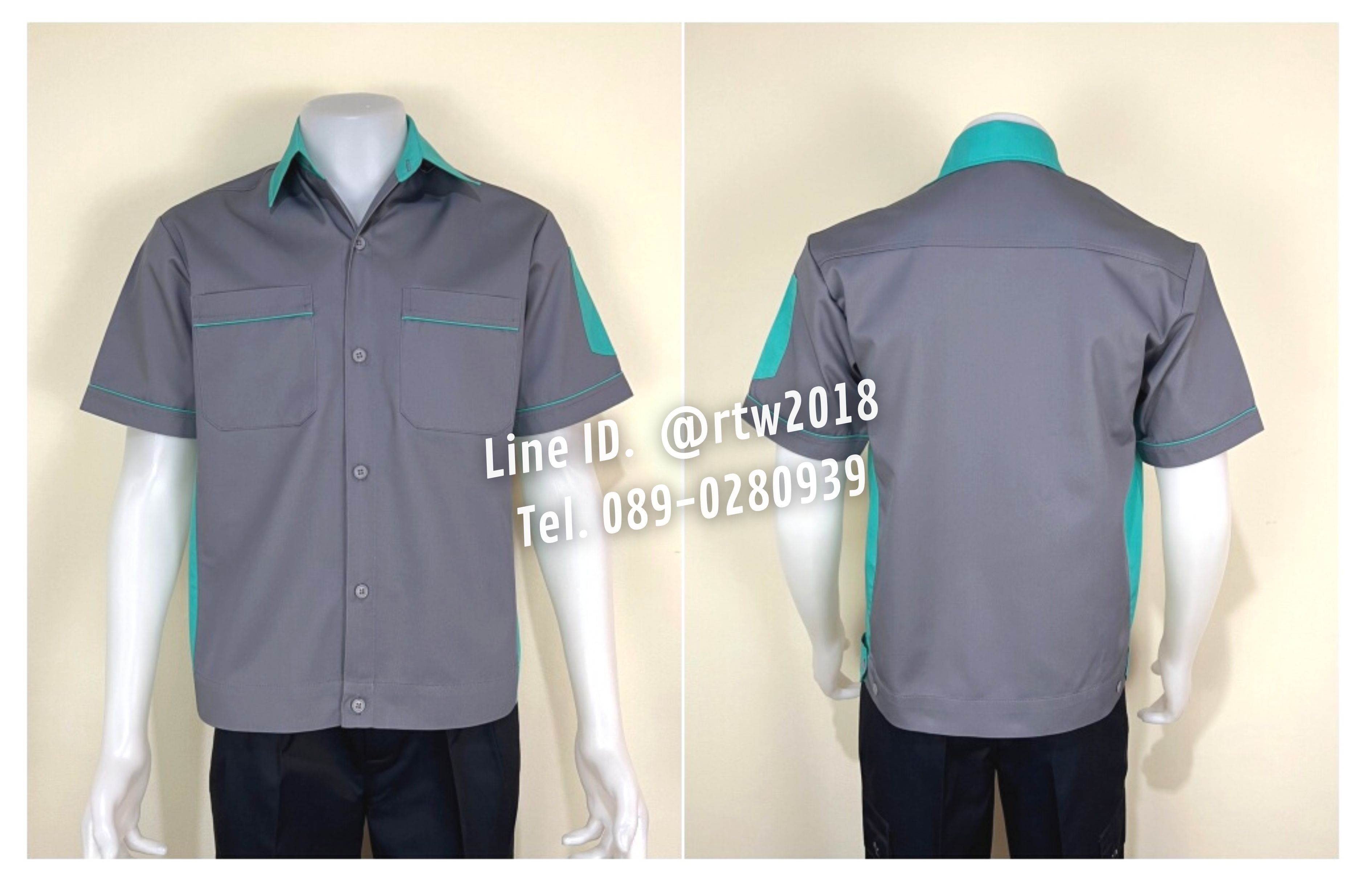 รหัส A11.8 : เสื้อช่างแขนสั้นผ้าคอมทวิวสีเทาข้างเขียวมิ้น