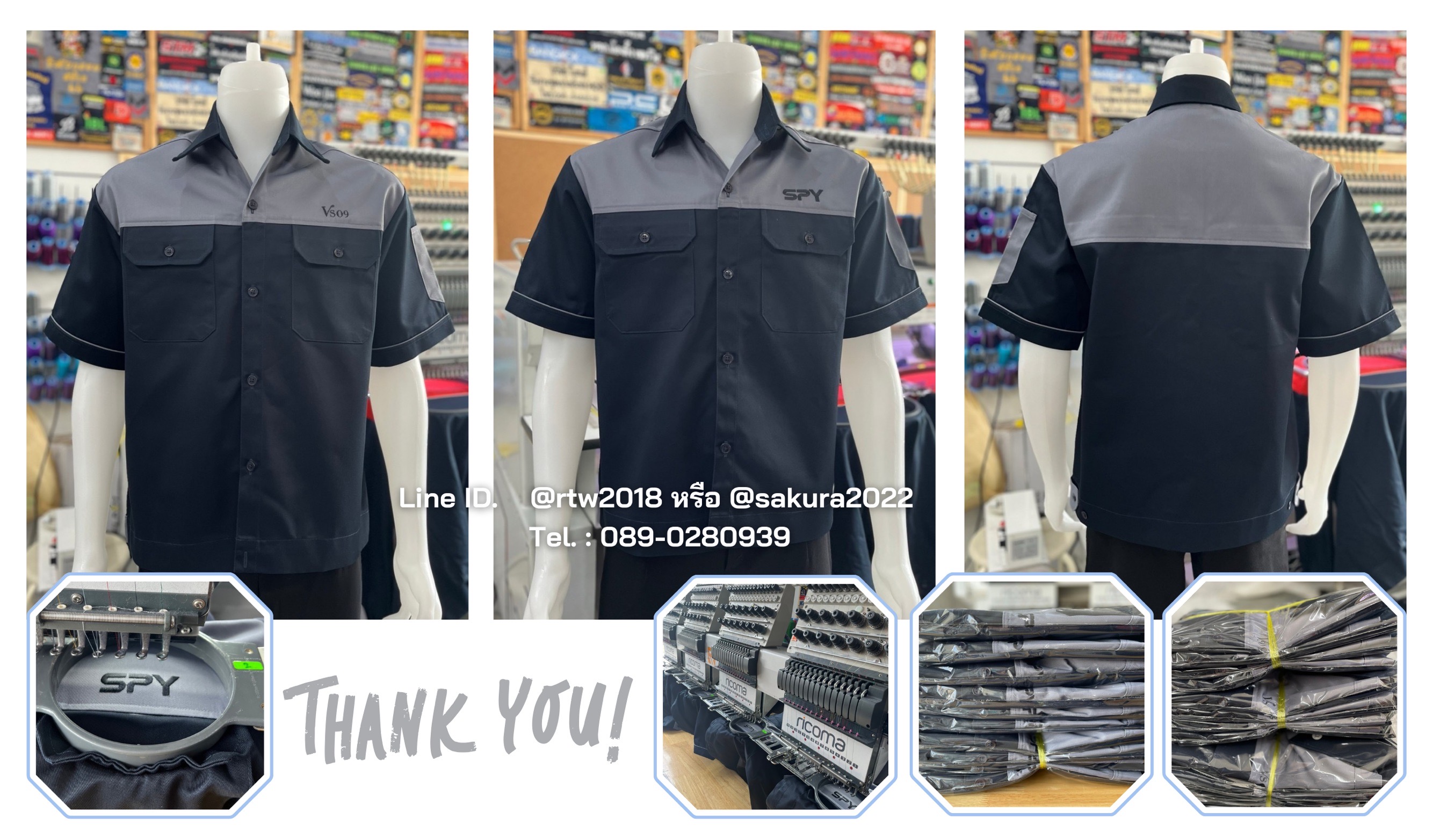 เสื้อช่างแขนสั้นผ้าคอมทวิวสีดำอกเทา (ขอบคุณ17)