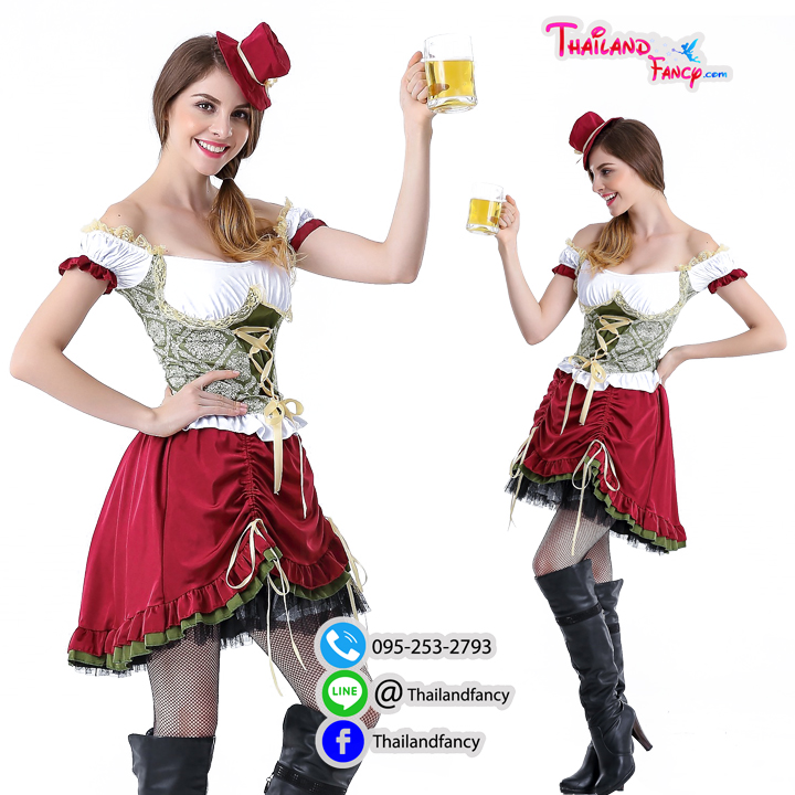 ชุดแฟนซี Fancy ชุดคอสเพลย์ Cosplay Oktoberfest ชุดเทศกาลเบียร์ ชุดเบียร์เยอรมัน ชุดบาวาเรีย ชุดเมดแม่บ้าน ชุดสาวเสริฟ ชุดอ๊อกโทเบอร์เฟสต์ เดรสแดงเขียวแขนพองตุ๊กตา