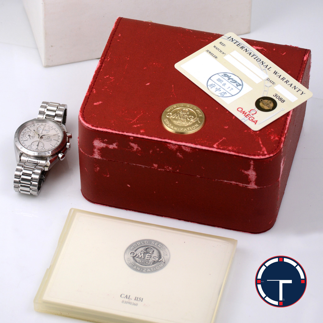 Omega Speedmaster Triple Date หน้าปัดสีขาวด้าน สายเหล็กแท้ มีกล่อง ใบ นาฬิกาปี1995 Automatic ขนาด 39 mm
