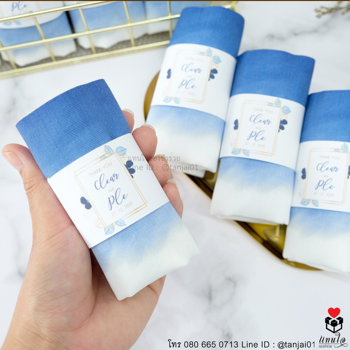 ของชำร่วยงานแต่งงาน ของที่ระลึกงานแต่งงาน ของแจกงานแต่ง ถุงผ้าสกรีนสีครึ่งใบ สายคาดป้ายชื่อ 03