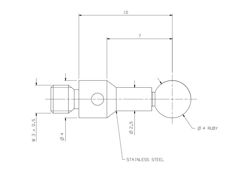 หัววัด CMM M3, Ruby ball 4 mm, EWL 7 mm, L 10 mm เสป็คเดียวกับ Renishaw code. A-5004-0423