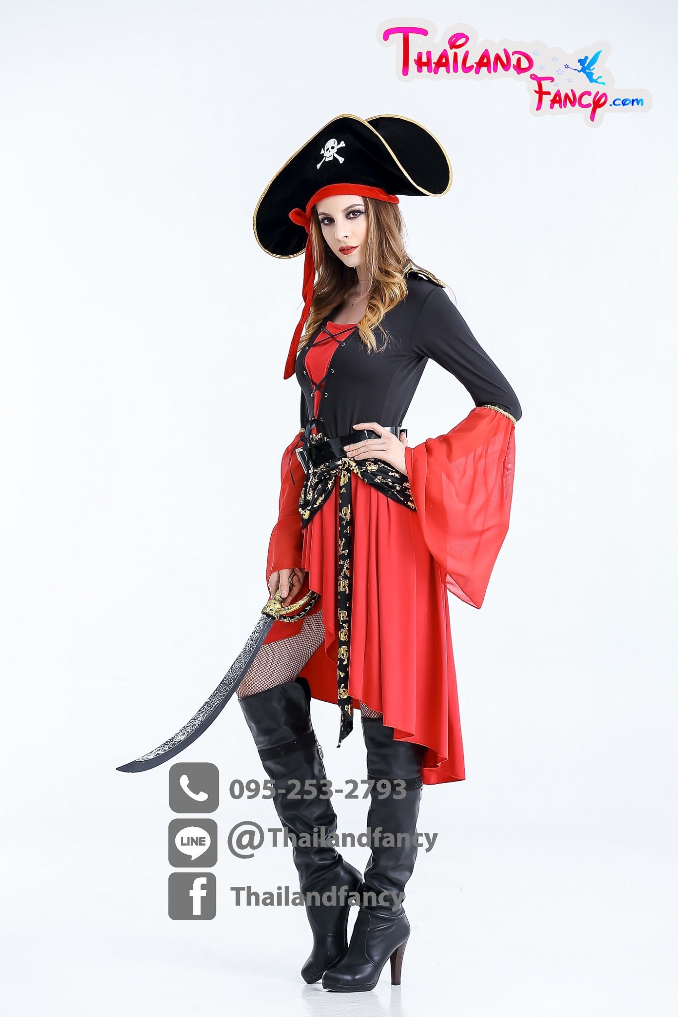 ชุดแฟนซีโจรสลัด ชุดฮาโลวีน Halloween ชุดโจรสลัดหญิง Pirate Cosplay เดรสสีดำแดงปลายแขนกระดิ่งแต่งลายกระโหลกสีทอง