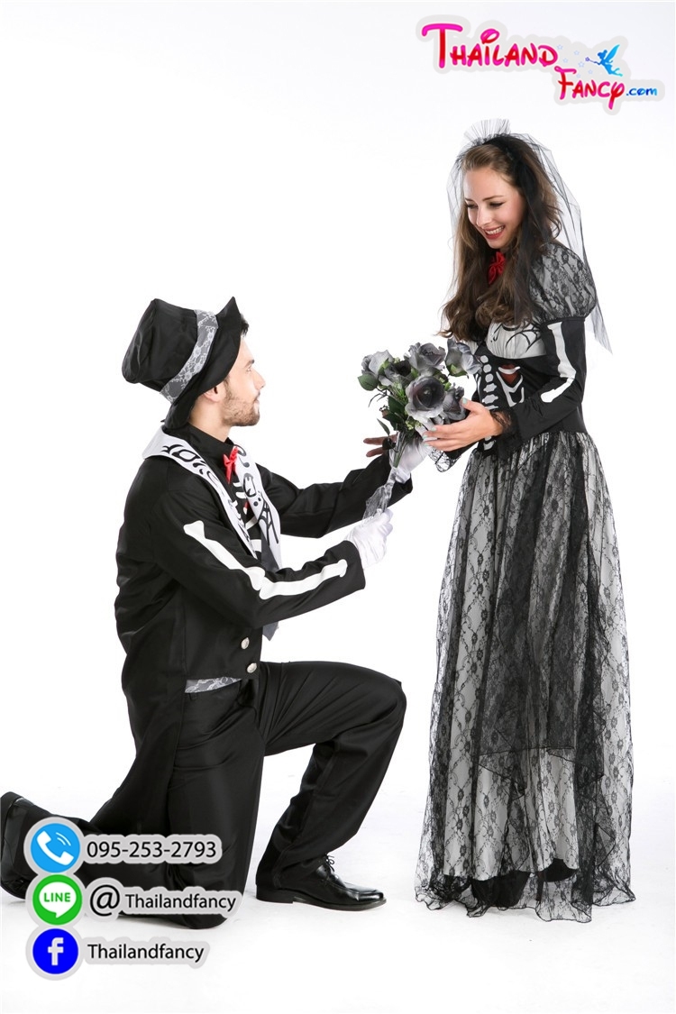 ชุดเช่าแฟนซีผู้หญิง ชุดซอมบี้ ชุดผีเจ้าสาว Halloween Costume ชุดเจ้าสาวผีกระดูก ชุดผีเจ้าสาวซอมบี้สีขาว-ดำแต่งลายกระดูกพร้อมเวลคลุมผม