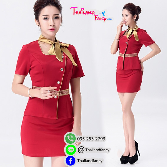 ุชุดคอสเพลย์ Cosplay Airhostess ชุดอาชีพในฝัน ชุดพนักงานต้อนรับ ชุดยูนิฟอร์มสีแดงคอเหลี่ยม แต่งขลิบทองพร้อมผ้าพันคอ