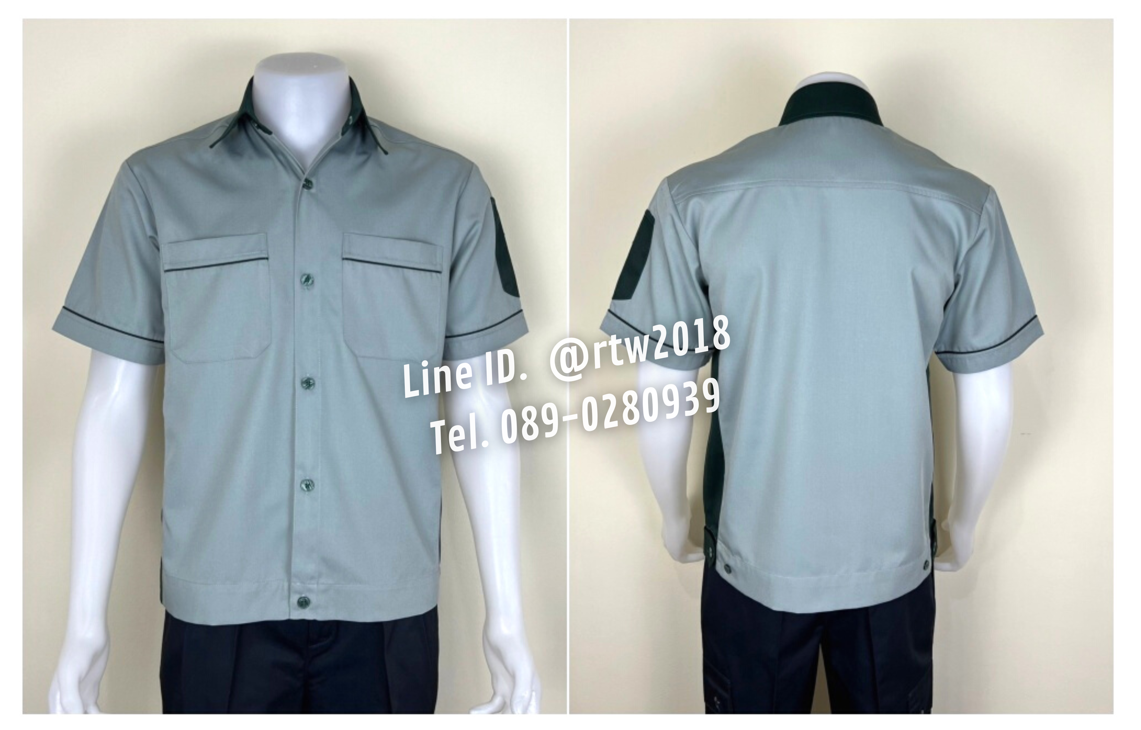 รหัส A14.1 : เสื้อช่างแขนสั้นผ้าคอมทวิวสีเขียว(อมเทา)ข้างเขียวแก่