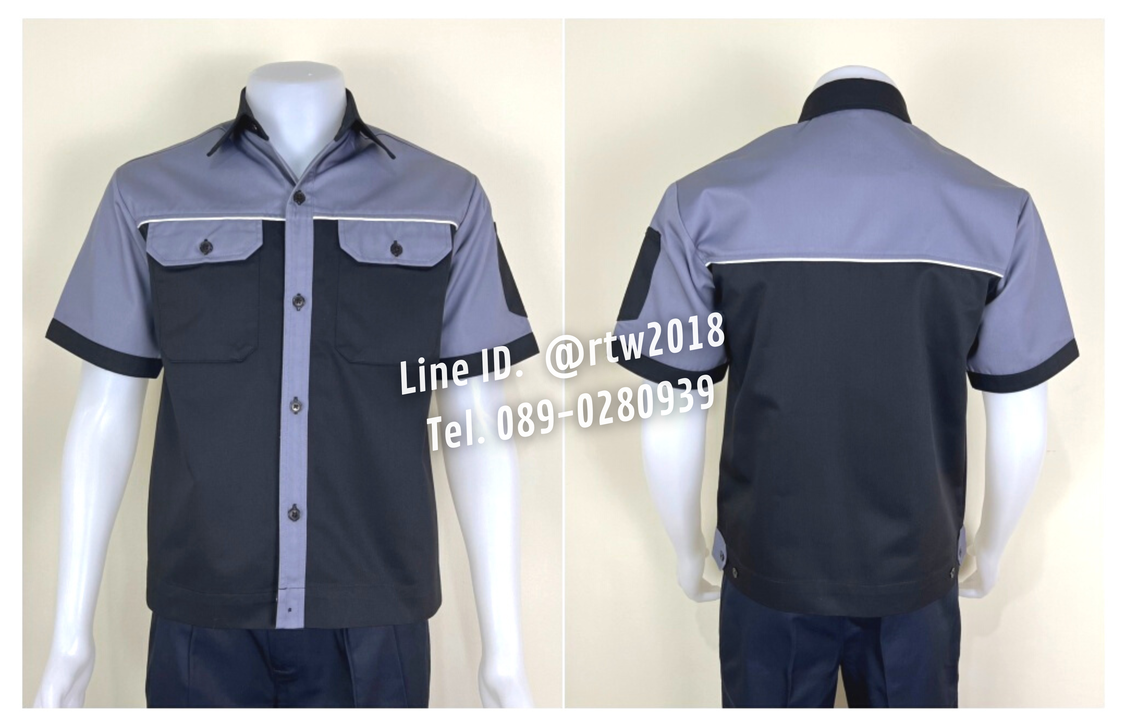 รหัส A27.6 : เสื้อช่างแขนสั้นผ้าคอมทวิวสีดำอก+แขนเทา (กุ้นขาว)