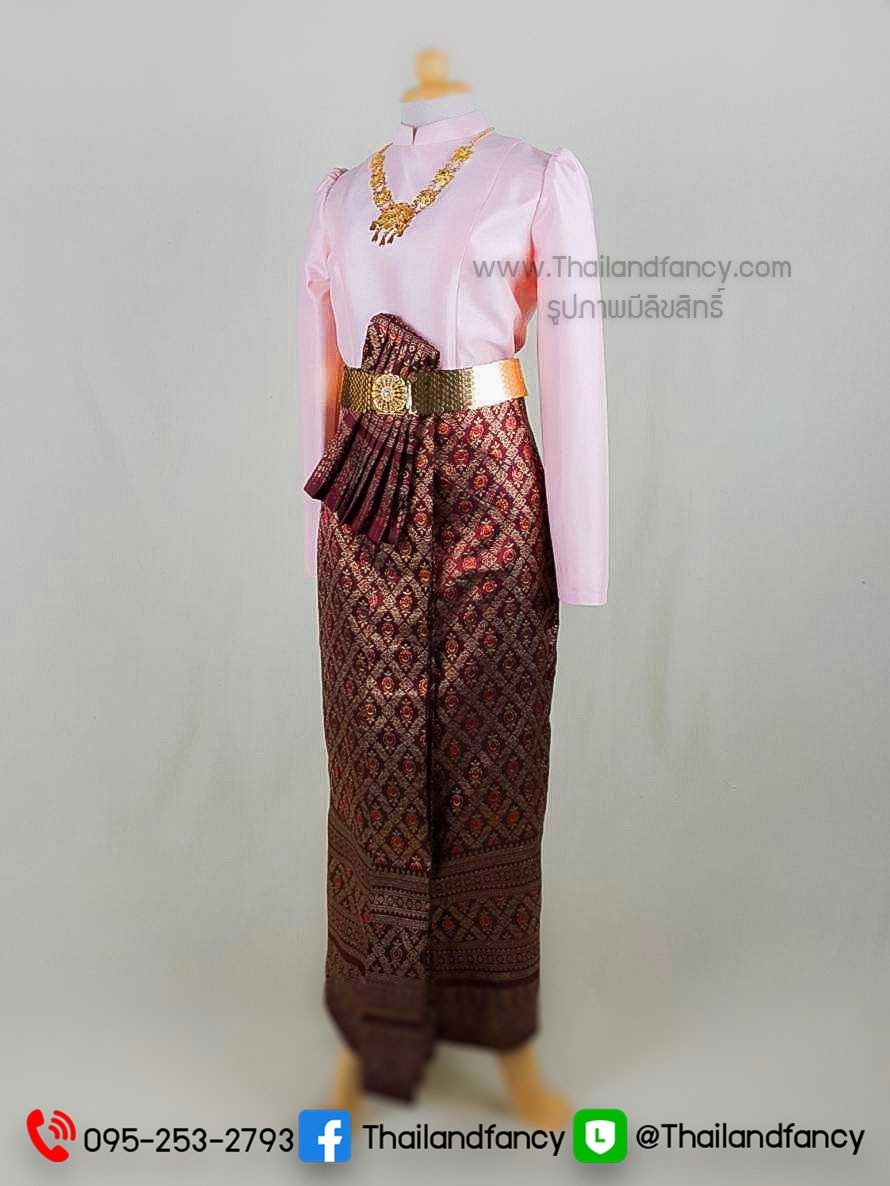 ชุดไทยบรมพิมานเด็กหญิง ชุดไทยย้อนยุค ชุดไทยสมัยร.5 ชุดไทยประยุกต์ ชุดไทยเด็กหญิง ชุดไทยเสื้อบรมพิมานแขนยาวสีโอรสเข้าคู่กับผ้าถุงสำเร็จลายไทยสีแดง