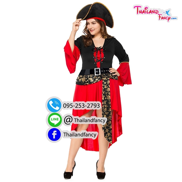 ชุดเช่าแฟนซีผู้หญิงพลัสไซส์ ชุดเช่าสาวโจรสลัด โจรสาวของแจ๊คสแปร์โรว์ Pirate of the Caribbean ชุดคอสเพลย์เดรสสั้นโจรสลัดสาวดำแดงแต่งลายทองกระโหลกไขว้