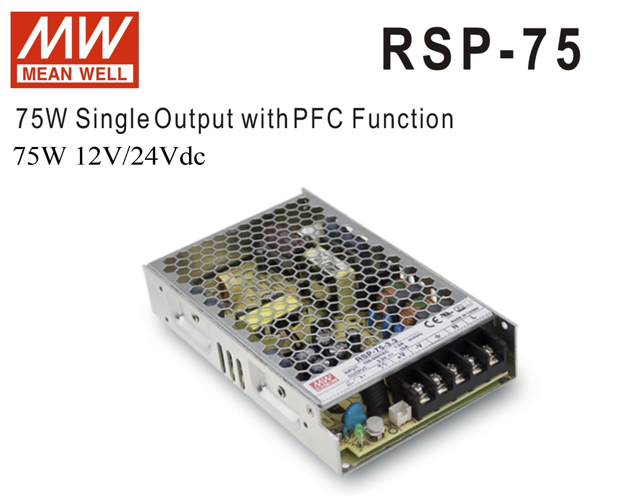 หม้อแปลง Low Harmonic O/P PFC series Meanwell 75W 12 / 24Vdc