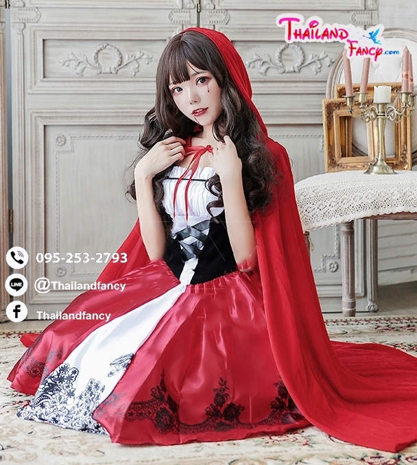 ชุดแฟนซี หนูน้อยหมวกแดง ชุดคู่หมาป่า Cosplay Halloween ชุดการ์ตูนหนูน้อยหมวกแดง เดรสแขนกุดพร้อมผ้าคลุมสีแดง