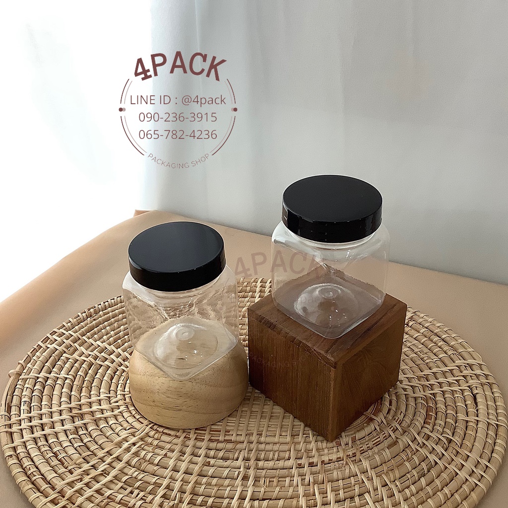 (กล่องละ56ใบ)กระปุกพลาสติก 170ml ทรงเหลี่ยม+ฝาเกลียวสีดำ ราคาใบละ7บ.