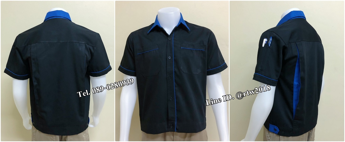 รหัส A90 : เสื้อช่างแขนสั้นแบบดำกุ้นน้ำเงิน