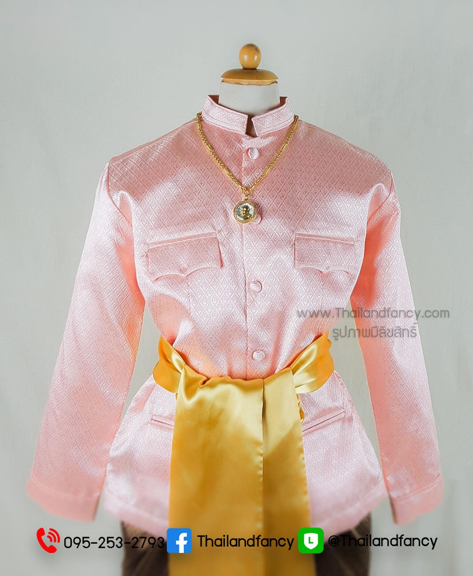 ชุดไทยเด็ก ชุดไทยสมัยรัชกาลที่5 ชุดไทยประยุกต์ ชุดไทยโบราณย้อนยุค ชุดไทยเด็กชายเสื้อราชปาแตนสีโอรสเข้าคู่กับผ้านุ่งโจงกระเบนลายไทย