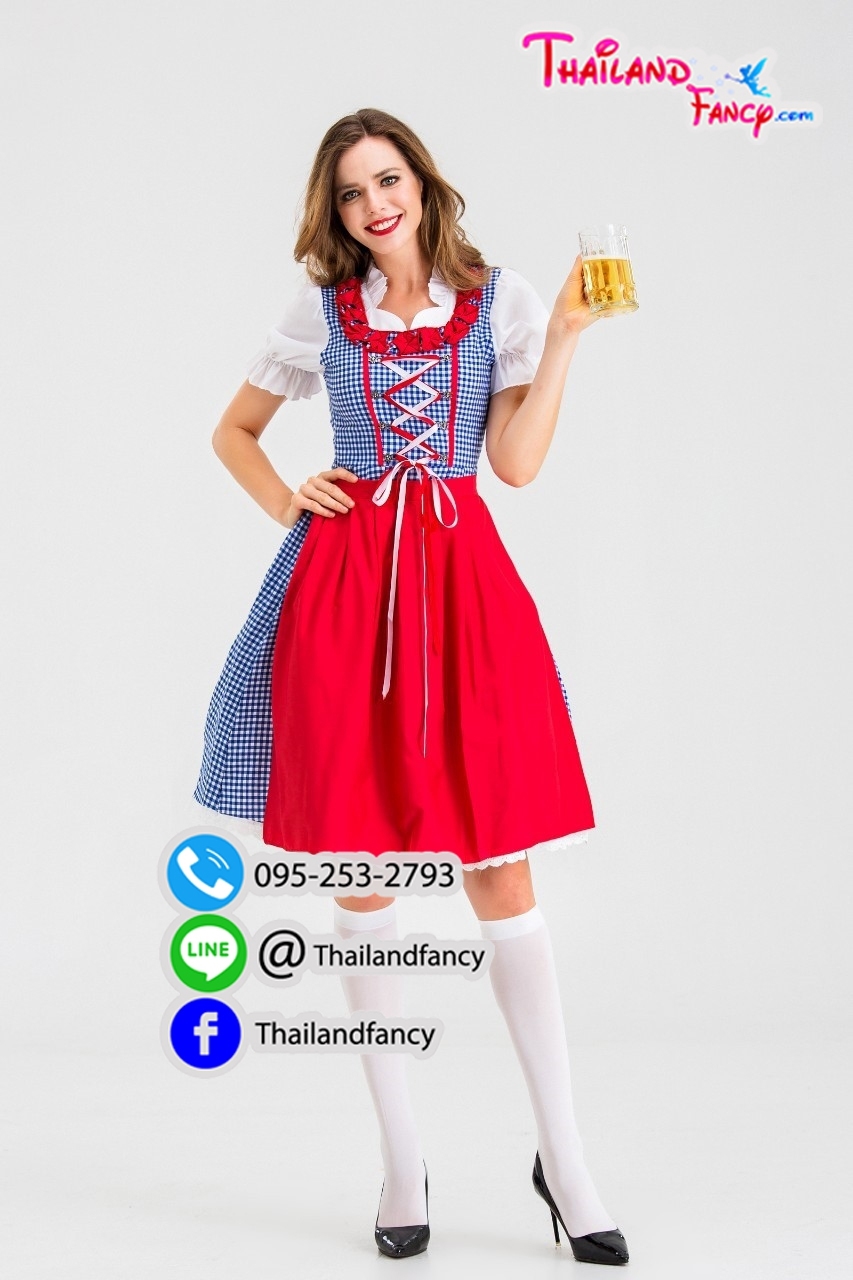 ชุดแฟนซีบาวาเรีย ชุดสาวเชียร์เบียร์ Oktoberfest ชุดสาวเสริฟ ชุดเทศกาลเบียร์ ชุดอ็อคโทเบอร์เฟส เยอร์มันคันทรีเสื้อตาสก็อตน้ำเงินผ้ากันเปื้อนแดง
