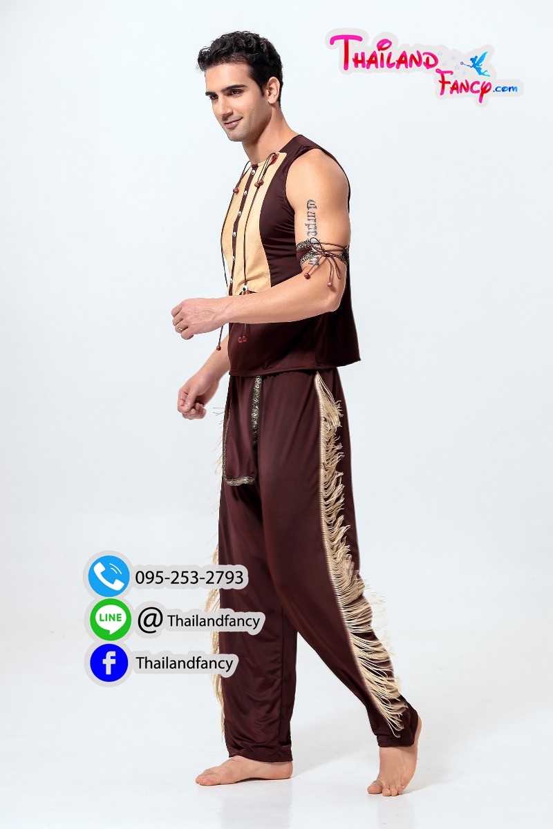 ชุดแฟนซีอินเดียแดง ชุดคาวบอยผู้ชาย ยิปซี Cosplay ชุดนักรบคนป่า ชุดชนเผ่า หนุ่มอินเดียแดงเสื้อแขนกุดสีน้ำตาล กางเกงขายาว