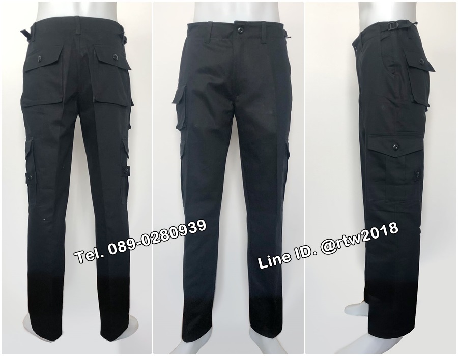 รหัส B11 : กางเกงช่างผ้าเวสปอยท์ทรงทหาร 7 กระเป๋า สีดำ
