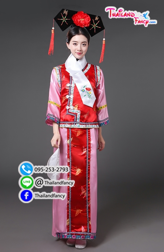 ชุดเช่าแฟนซีผู้หญิง ชุดจีนโบราณ ชุดแฟนซีซูสีไทเฮา ชุดคู่ฮ่องเต้ ชุดราชวงศ์หนังจีน เช่าชุดฮองเฮาจีนผู้หญิง สีชมพูกั๊กแดงแต่งลายจีน