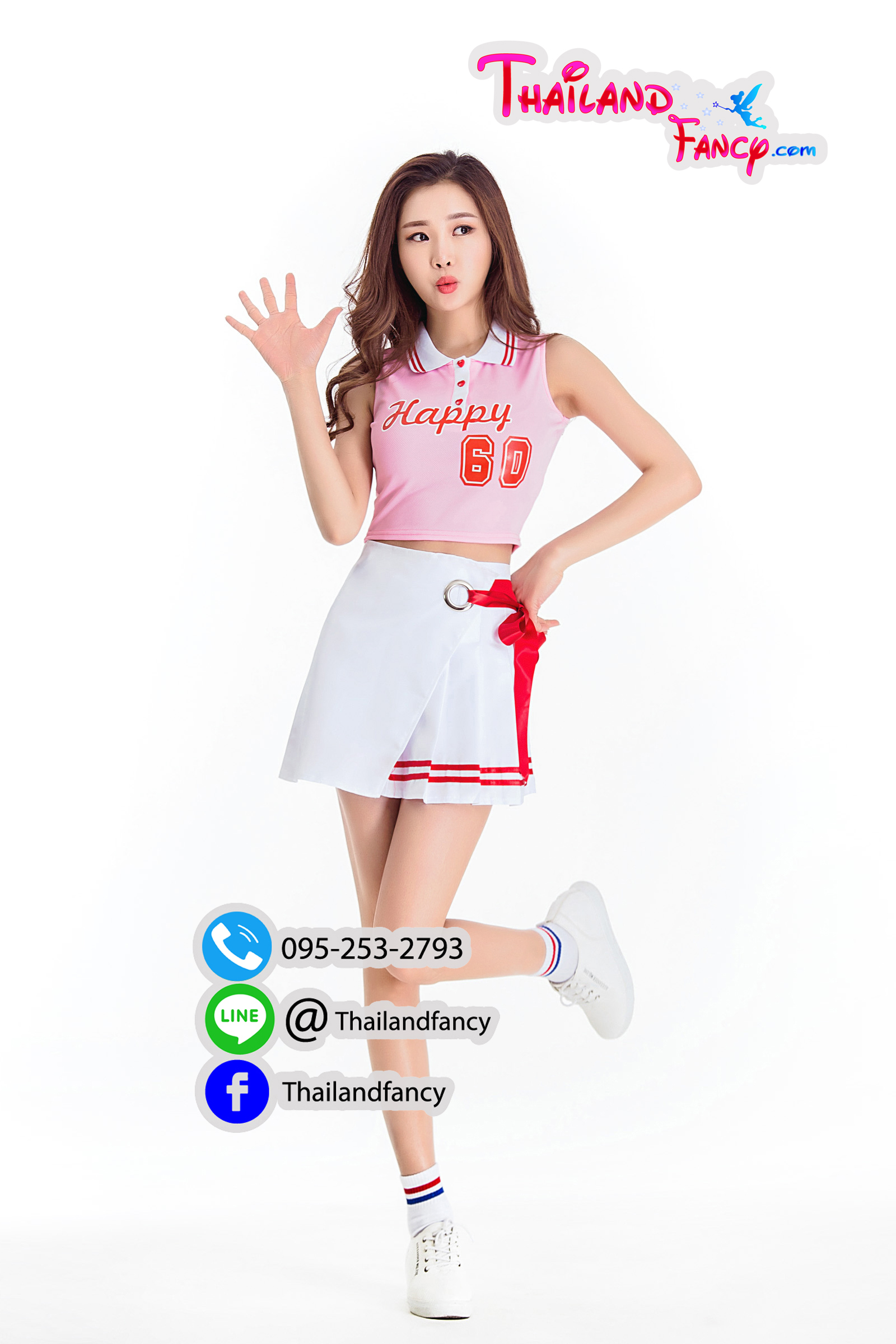 ชุดแฟนซีเชียร์กีฬา ชุดปอมปอมกีฬาสี ชุดเชียร์ลีดเดอร์ Cheerleader Cosplay ชุดปอมปอมเชียร์ ชุดปาร์ตี้บริษัท ชุดคอสเพลย์กีฬาสีออฟฟิศ เสื้อสีชมพูแขนกุดกระโปรงขาวผูกโบว์แดง