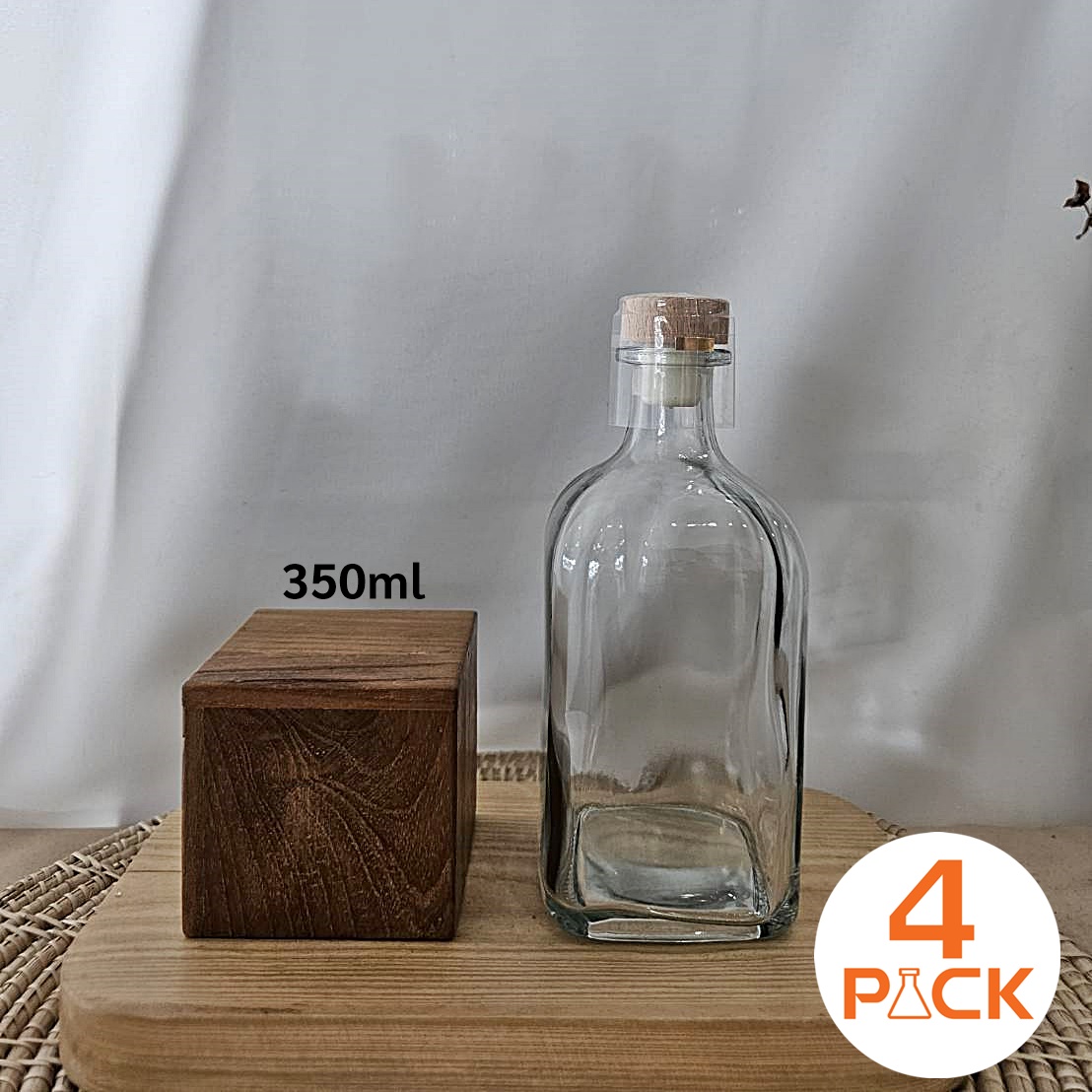 (กล่องละ70ใบ)ขวดแก้ว350ml รุ่นcubic(คิวบิก)+ฝาไม้ก็อก