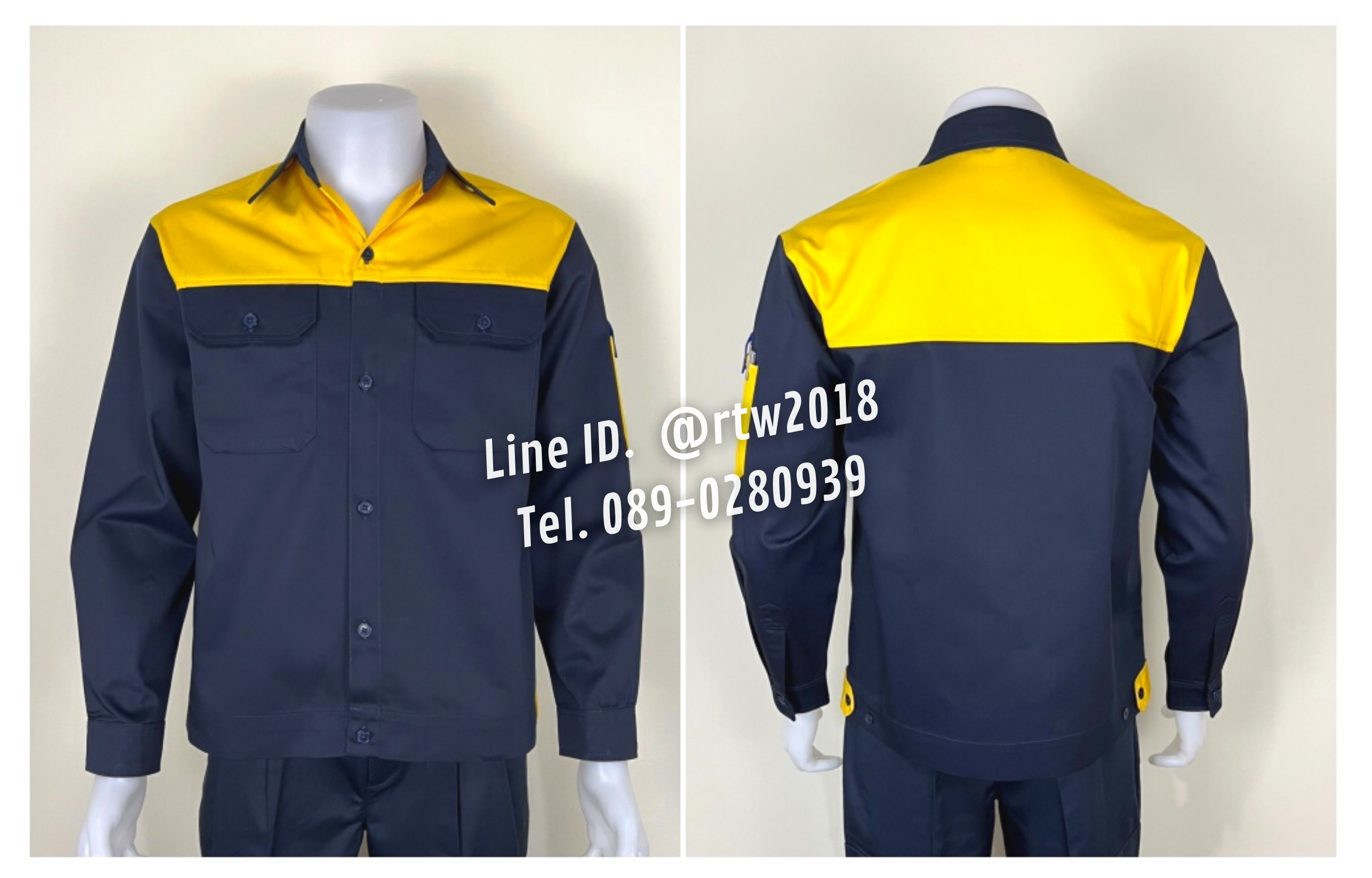 รหัส AB15.3 : เสื้อช่างแขนยาวผ้าคอมทวิวสีกรมท่าอกเหลือง