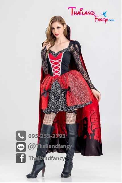 ชุดแฟนซีแวมไพร์ ชุดคอสเพลย์แวมไพร์ ชุดแวมไพร์หญิง ชุดสาวแวมไพร์ ชุดแดร็กคูล่าหญิง ชุดสาวแดร็กคูล่า ชุดฮาโลวีน ชุดผีดิบ ชุดผีแดร็กคูล่าดำแดง พร้อมผ้าคลุมหลัง