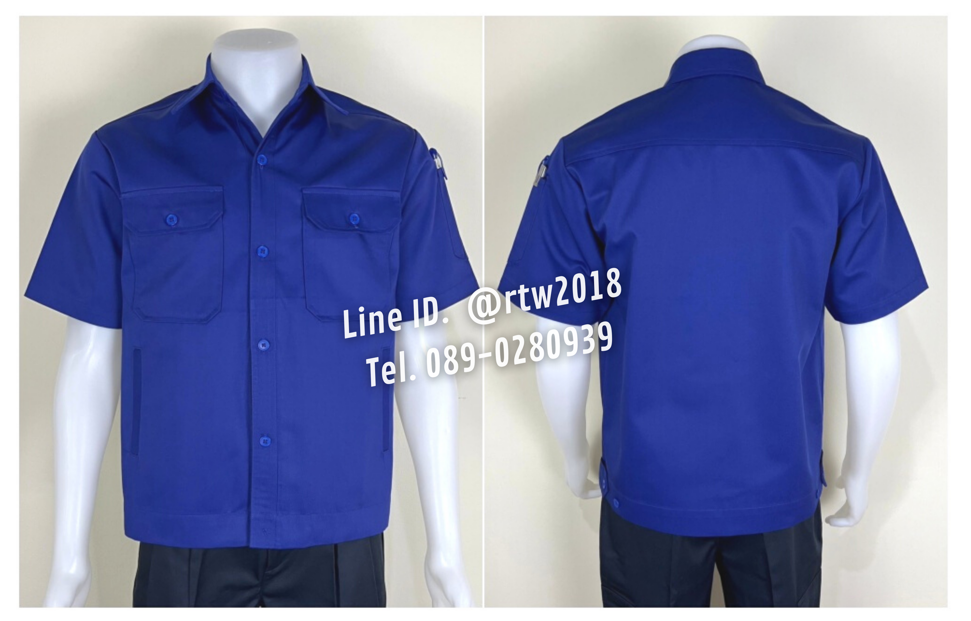 รหัส A4.6 : เสื้อช่างแขนสั้นผ้าคอมทวิวสี่กระเป๋าสีน้ำเงินล้วน