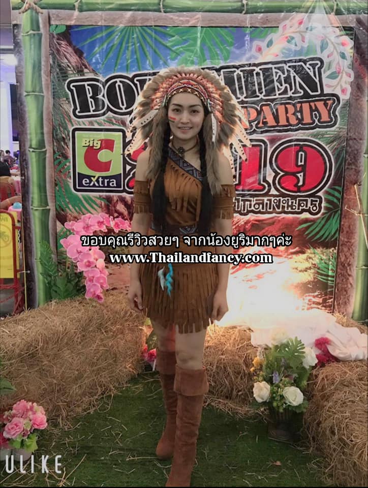 ชุดโบฮีเมียน ชุดคอสเพลย์ ชุดอินเดียน่าเกิร์ล ชุดอินเดียแดงหญิง ชุดแฟนซีหญิงมนุษย์ถ้ำ มนุษย์หิน ชนเผ่า เดรสสีน้ำตาลแขนเดี่ยวแต่งพู่ทั้งชุด