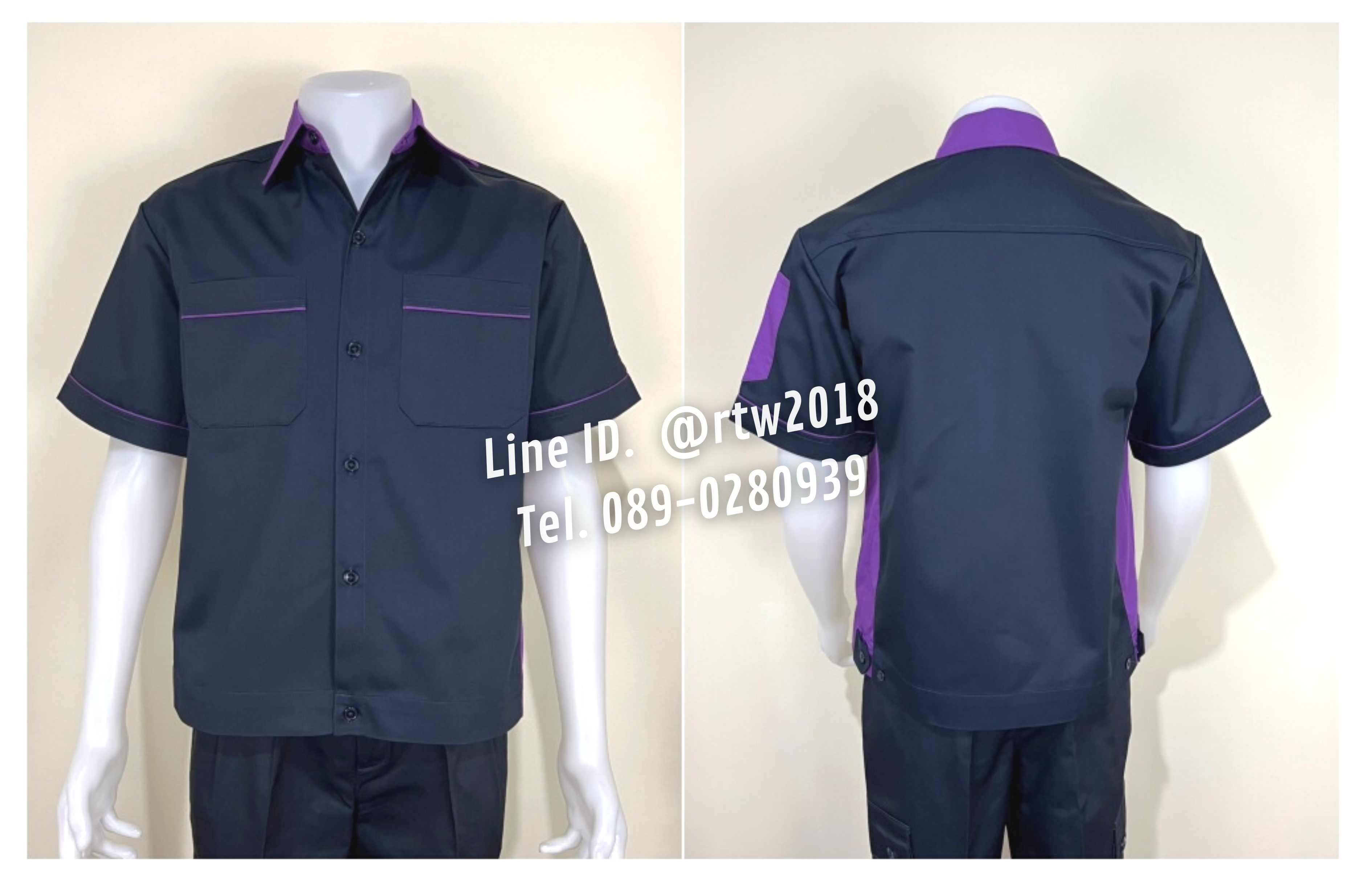 รหัส A12.1 : เสื้อช่างแขนสั้นผ้าคอมทวิวสีกรมท่าข้างม่วง