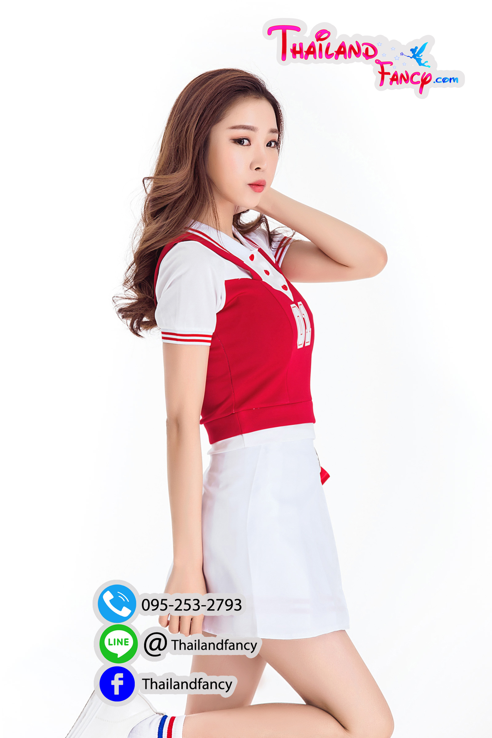 ุชุดแฟนซี ชุดเชียร์กีฬา ชุดปอมปอมเชียร์ Cheerleader ชุดปาร์ตี้ ชุดกีฬาสีบริษัท ชุดคอสเพลย์เชียร์ลีดเดอร์ สีขาว-แดง โปรงจีบผูกโบว์แดง