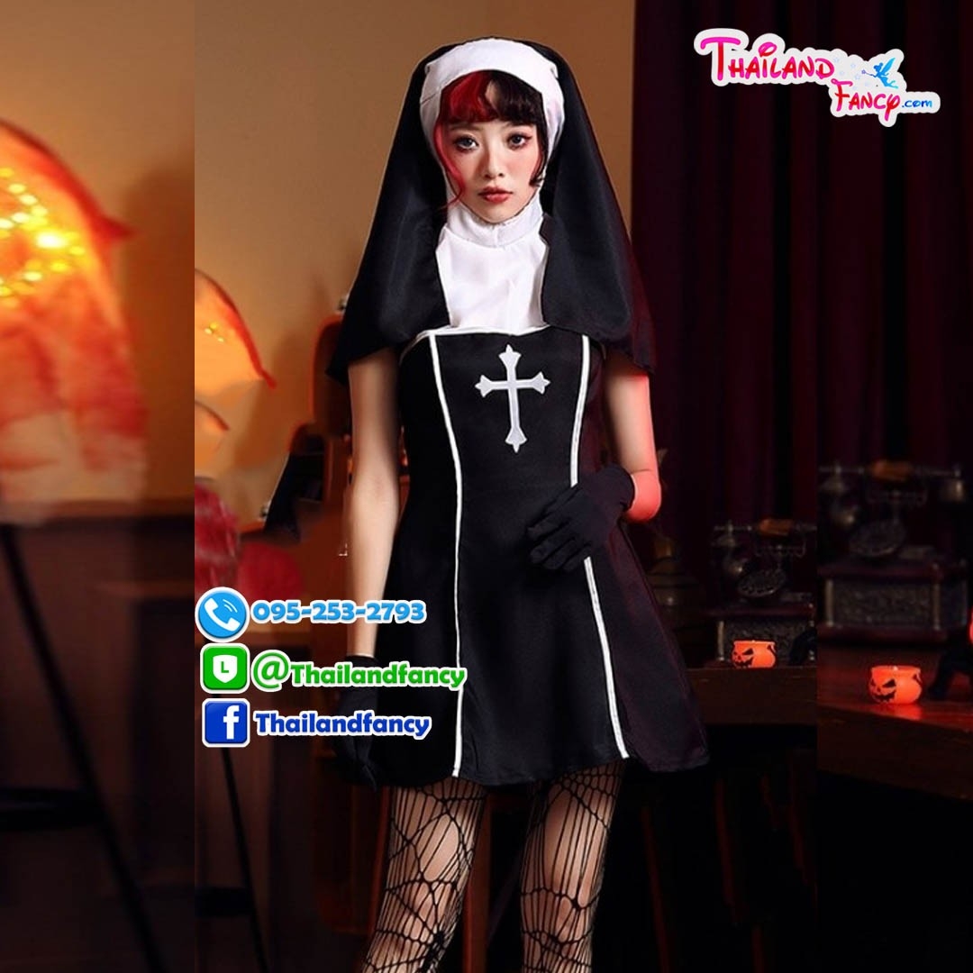 ชุดแฟนซีซิสเตอร์บาทหลวงหญิง The Nun Costume ชุดแม่ชี ชุดซิสเตอร์คริสต์ ชุดฮาโลวีน ชุดแม่ชีเดรสสั้นสีดำพร้อมผ้าคลุม